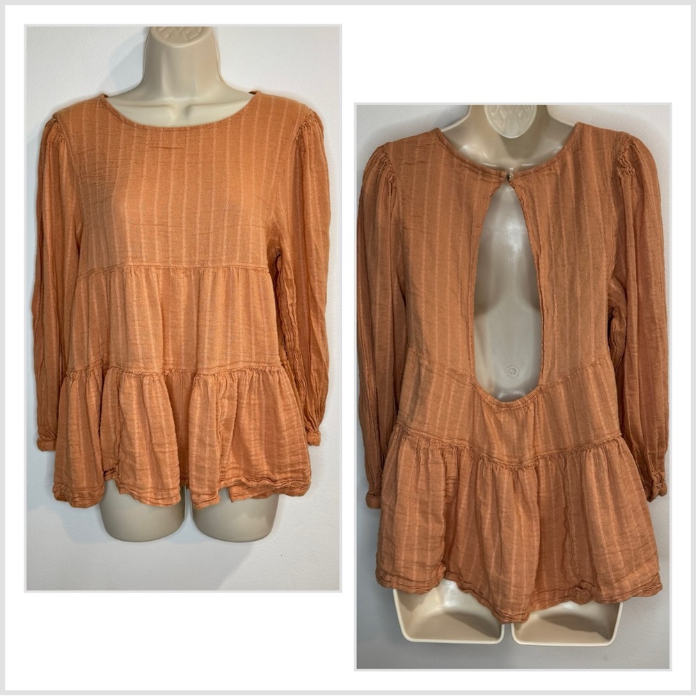 American Eagle Shirt S Babydoll Tiered Gauze Orange Open Back Peasant Boho